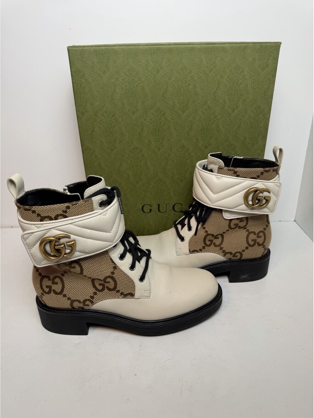 Gucci GG Marmont Ankle Combat Boots Beige Canvas Leather Women’s EU 38.5